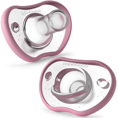 Nanobébé baby pacifier curves to fit tiny faces for secure comfort.