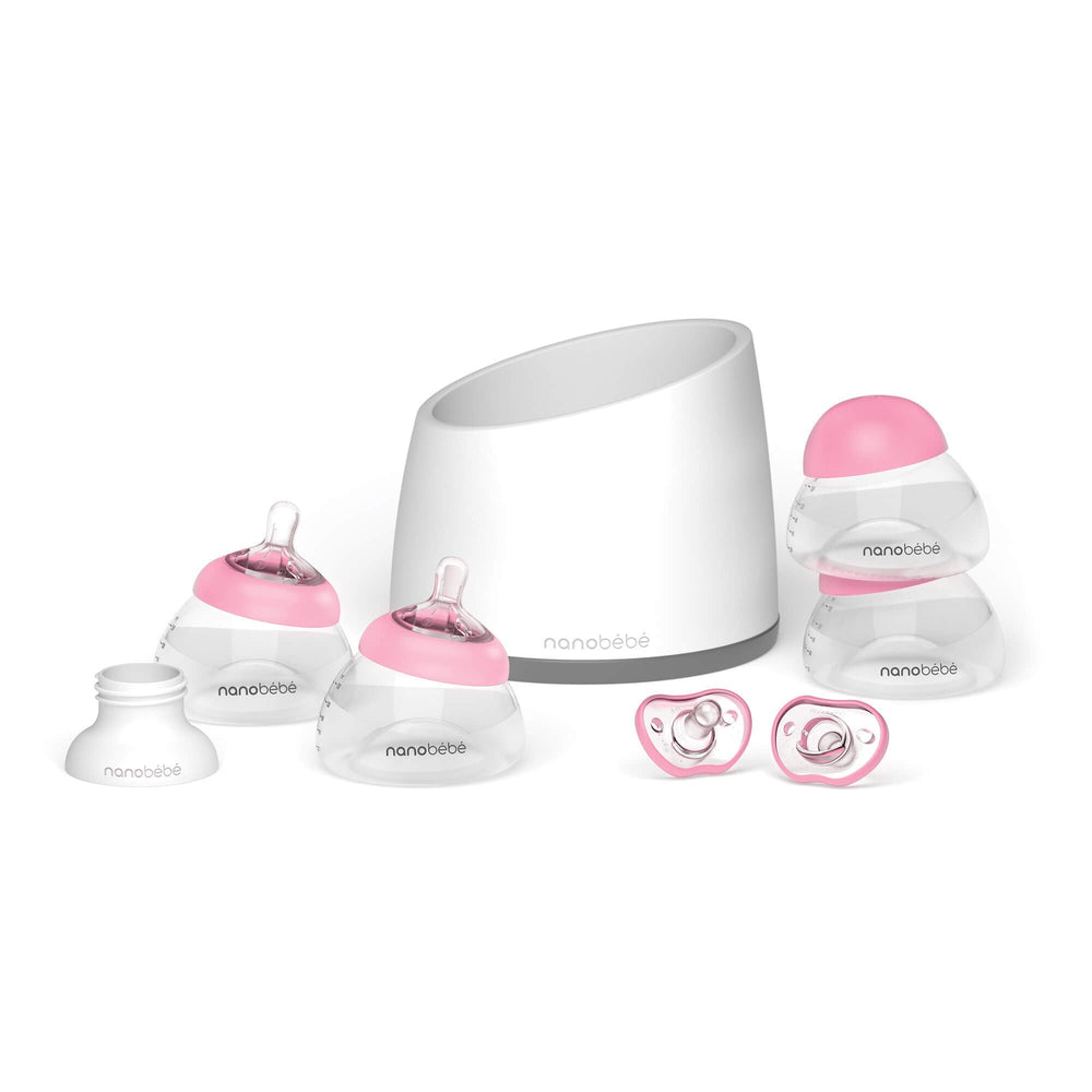 Nanobébé 5oz anti-colic bottle in pink/grey supports smooth latch and quick warming.
