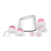 Nanobébé 5oz anti-colic bottle in pink/grey supports smooth latch and quick warming.