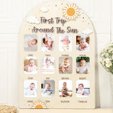 Naozinebi first trip around the sun photo board—sun design centerpiece for baby's milestone photos.
