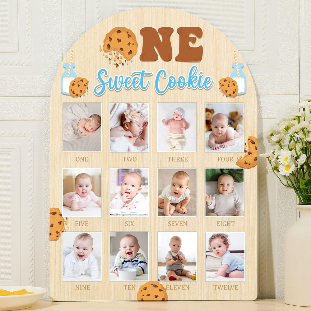 Naozinebi One Sweet Cookie photo board shows monthly milestones for lasting baby memories