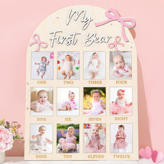 Naozinebi Pink Bow First Year Photo Board shows twelve milestone photos for a keepsake