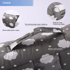 NapCure Toddler Nap Mat with pillow and minky blanket in cloud pattern for comfort.
