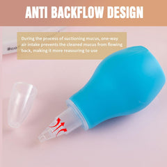 Nasal aspirator baby pink nose-application demonstrates safe, controlled application for comfortable breathing.