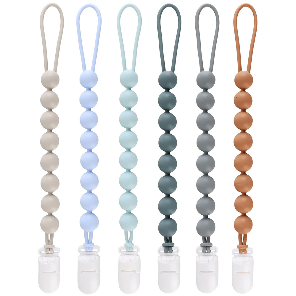 NASHRIO pacifier clip close-up with one-piece beads for secure attachment.
