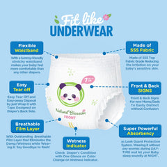 Natural Blossom pull-on diapers showing elastic waistband for a snug, comfy fit.