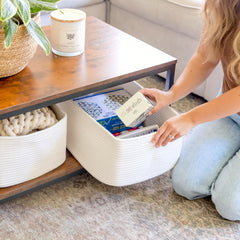 NaturalCozy storage baskets feature reinforced hidden handles for effortless lift and sleek look