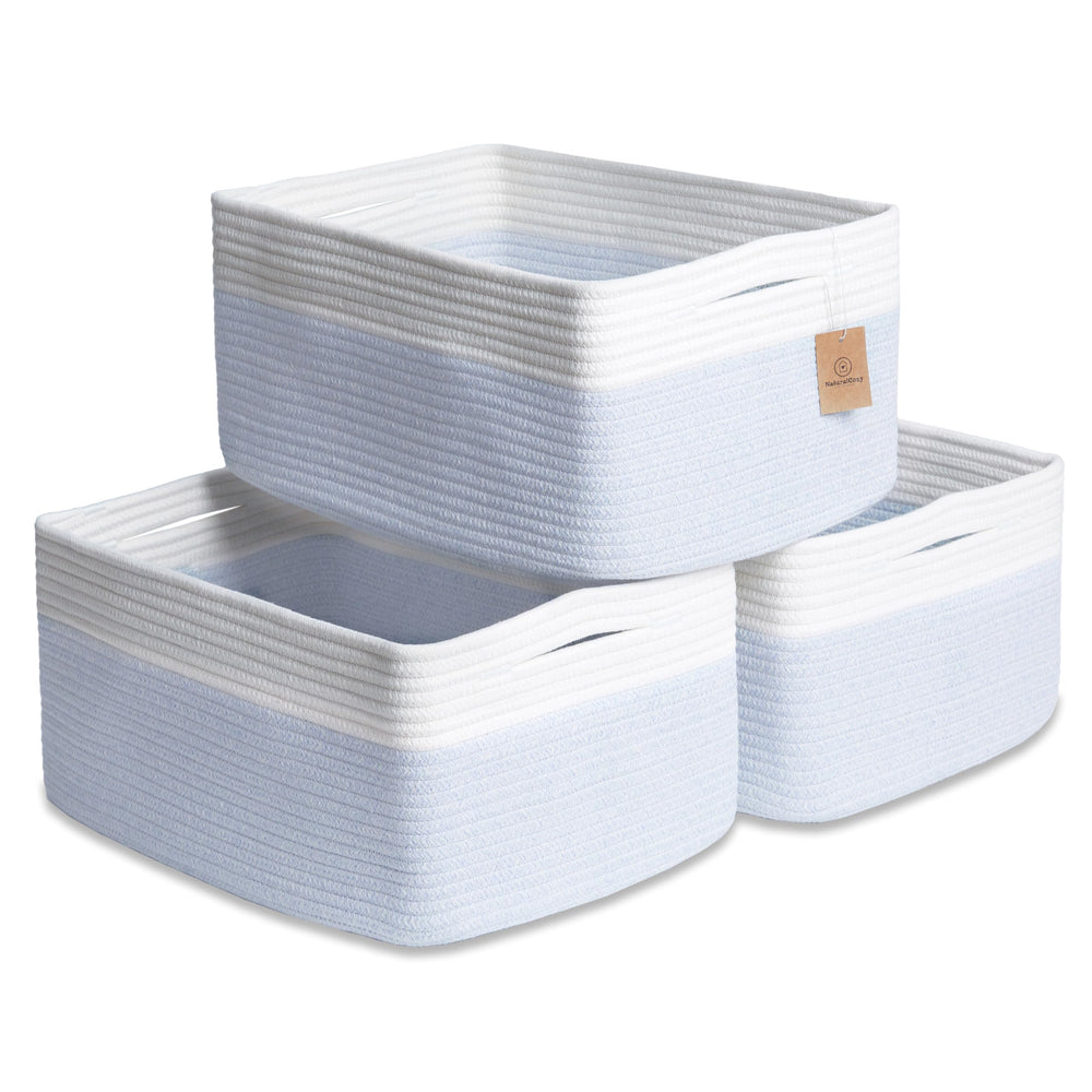 NaturalCozy Storage Baskets demonstrate structural firmness for wrinkle-free organization on shelves.