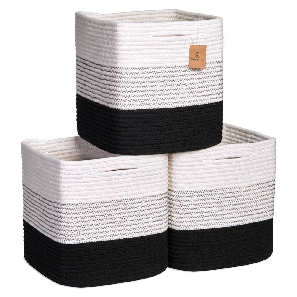 NaturalCozy storage cubes demonstrate folding method for tidy shelves