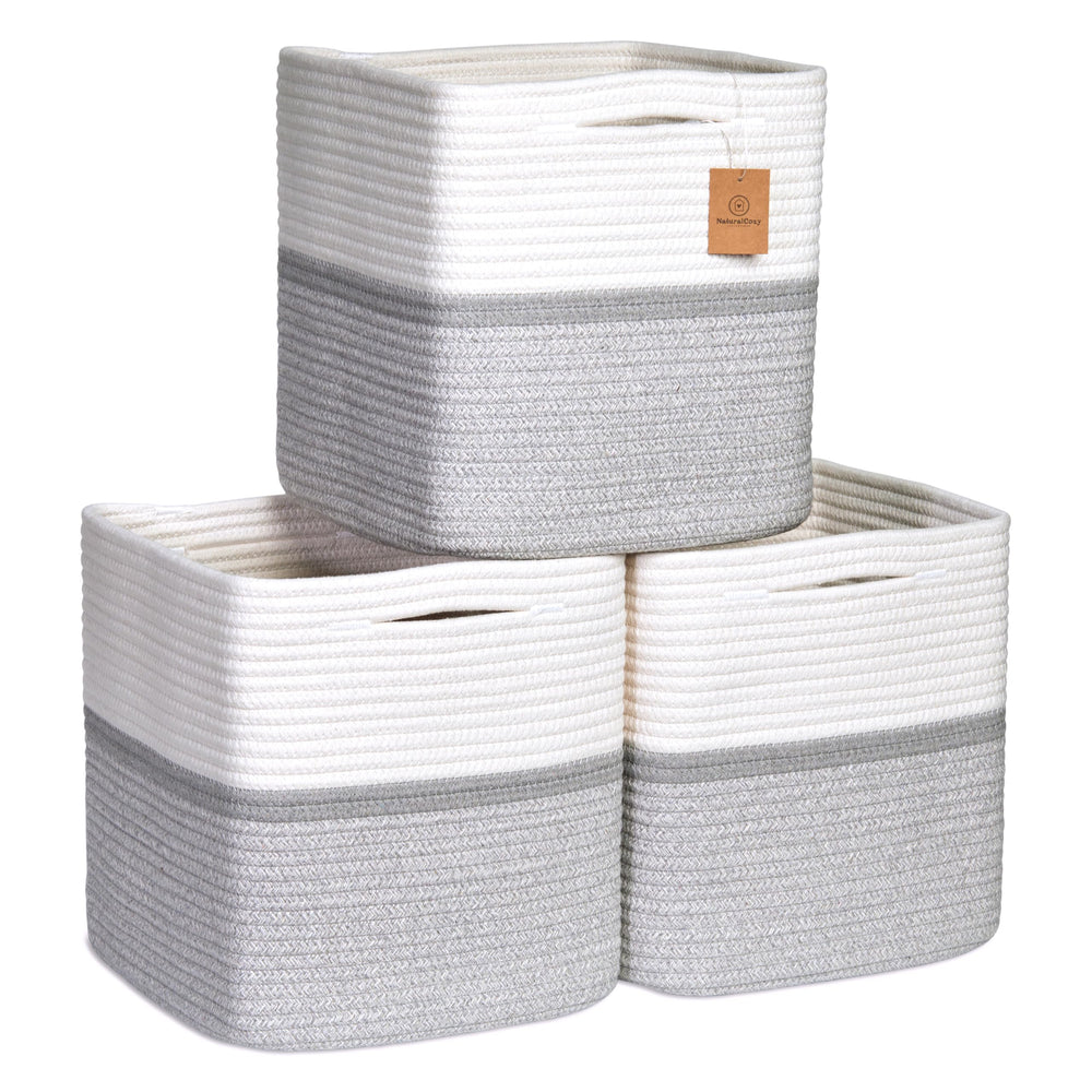 NaturalCozy 11-inch storage cubes on a shelf organize toys and clothing.