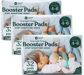Naturally Nature Overnight Diaper Booster Pads packaging shows three 32-count packs for travel-ready protection.