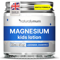 NaturallyMum magnesium lotion jar close-up highlighting natural ingredients for a gentle bedtime routine.