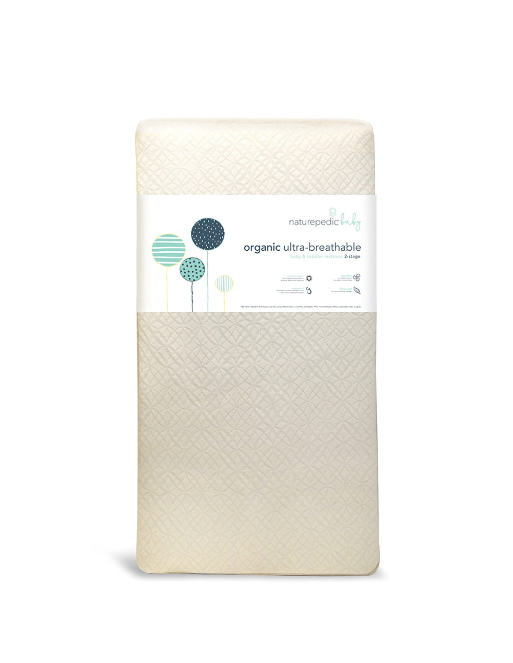 Naturepedic organic 2-stage crib mattress top view highlighting dual-surface infant-to-toddler support for growth