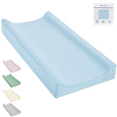 Navari vegan leather changing pad cover blue on table with quick wipe-clean surface