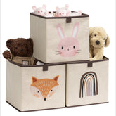 Navaris kids storage cubes front view with rabbit and fox design for tidy toy organization.