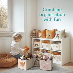 Navaris kids storage cubes side view showing convenient handle loops for kids to pull boxes.