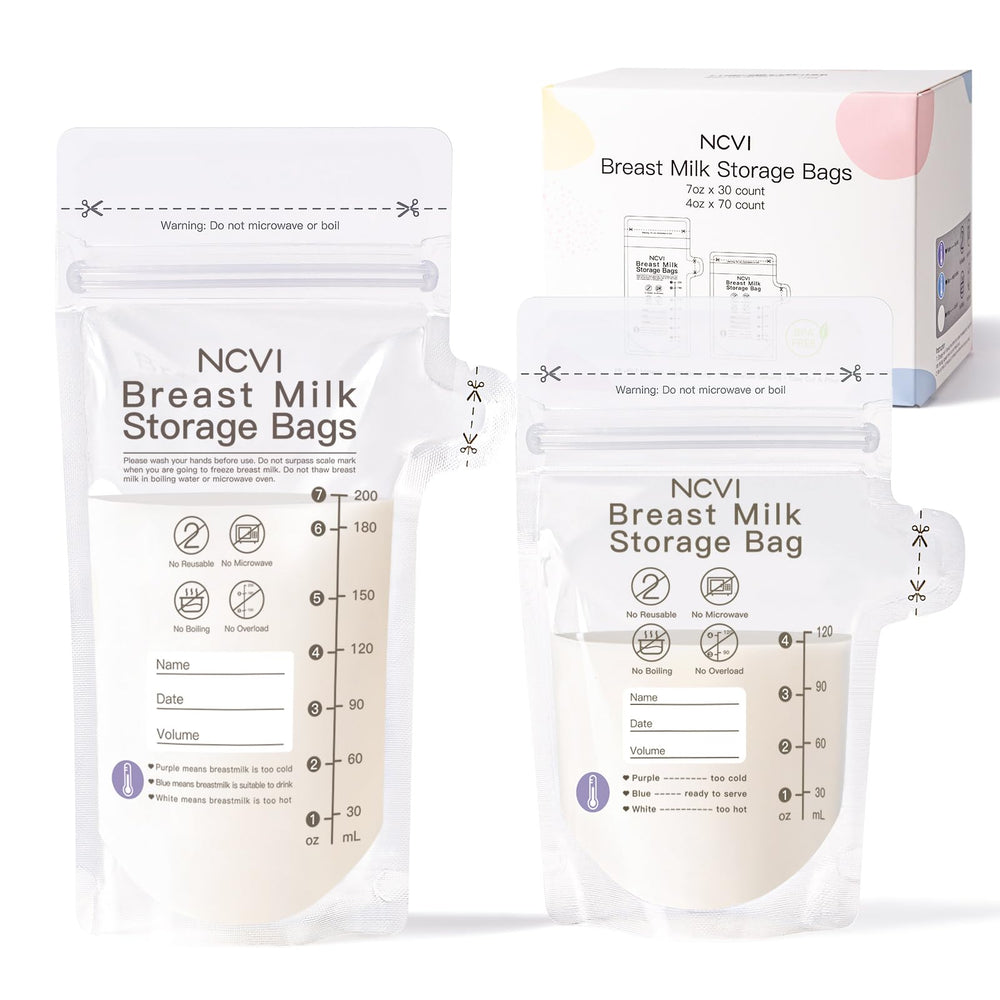 NCVI breastmilk bags stand upright with double seal for easy storage.