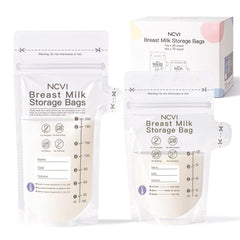 NCVI breastmilk bags stand upright with double seal for easy storage.