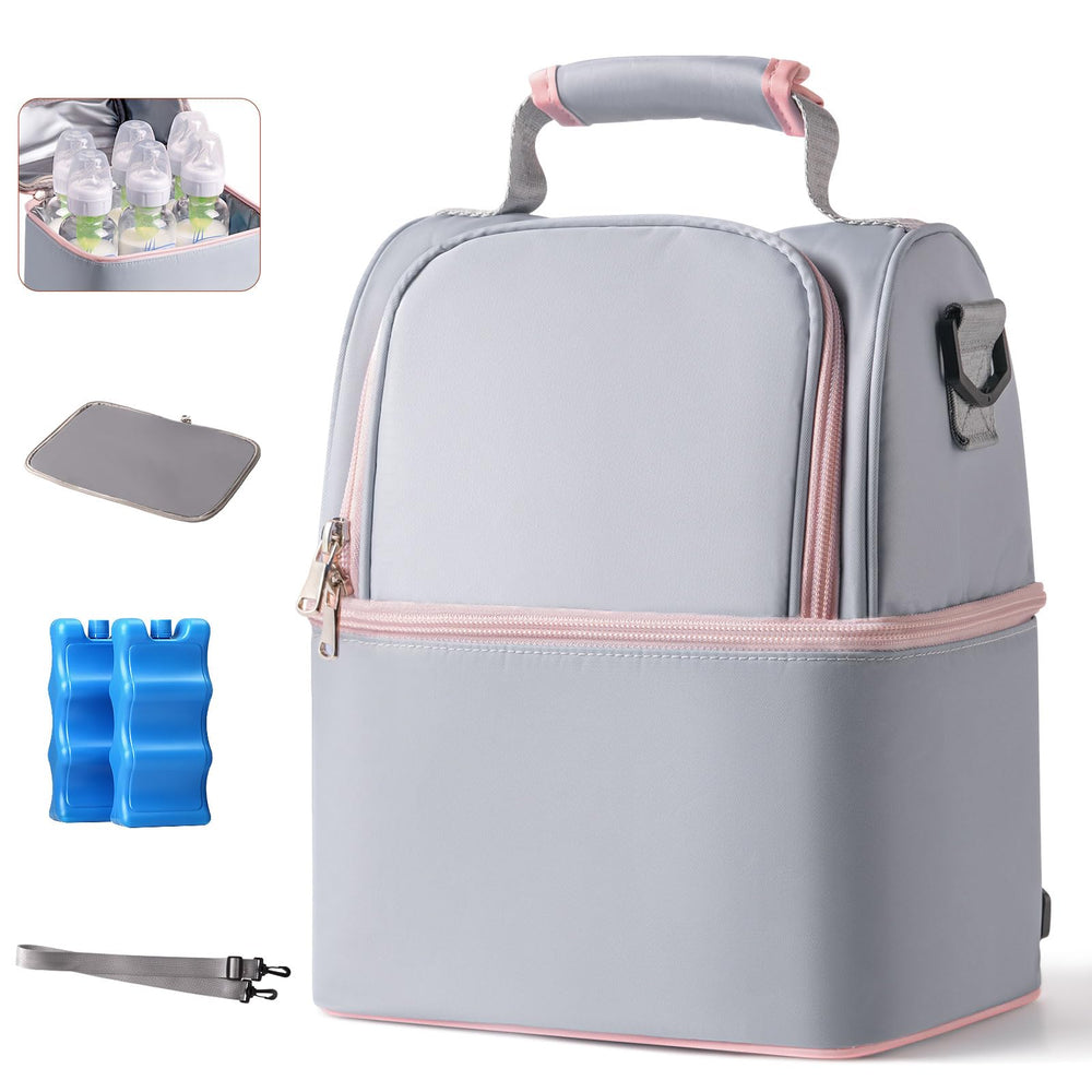 NCVI breastmilk cooler bag grey top view shows portable, travel-ready design