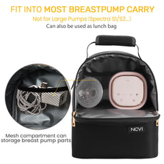 NCVI breastmilk cooler bag open two layers reveals organized storage for bottles and meals