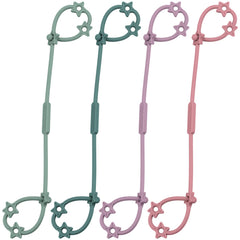 Nearbyme toy straps 4-pack attached to a stroller clip for secure on-the-go toy access.