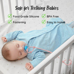 Nearbyme toy straps pacifier leash in use, keeping pacifier within reach.