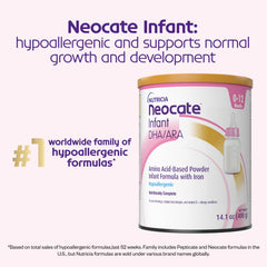 Neocate Infant can label highlights DHA/ARA nutrition details supporting brain development.