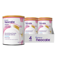 Neocate Infant pack of 4 cans front view for reliable hypoallergenic nutrition.