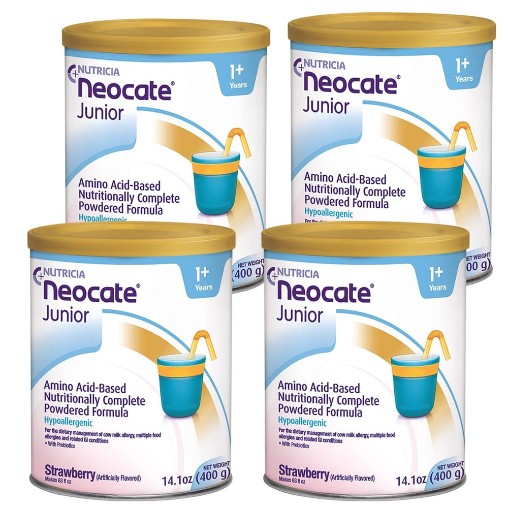 Neocate Junior strawberry powder can—dairy-free amino acid nutrition for growing children