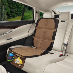 NEWFOM car seat protector showing mesh pockets for toys and wipes organization.