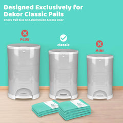 Newnice universal compatibility image showing Dekor Classic refills fitting multiple diaper pails.
