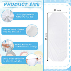 Newwiee 20x48-inch cot sheet showing standard size fit for preschool cots.