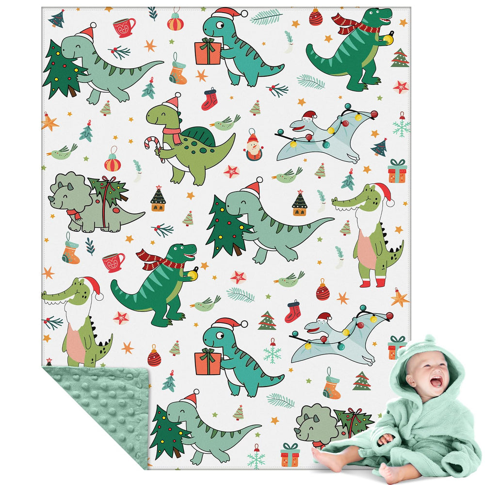 Newwiee Christmas dinosaurs blanket print closeup shows vibrant cozy warmth for bedtime