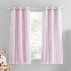 NICETOWN baby pink blackout curtains with star cutouts create dreamy light patterns in a kid's room.
