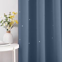 NICETOWN Kids curtains stone-blue fabric closeup highlights soft, safe material for kids.