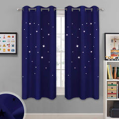 NICETOWN Star Cutout Curtains front view in navy blue showing room-darkening effect