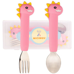 NICINGU toddler utensils pink spoon close-up showing silicone grip for easy self-feeding