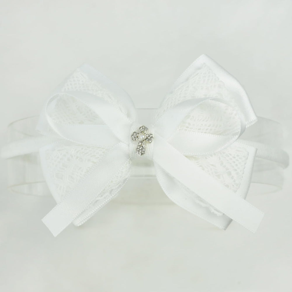 Nihao Baby off-white lace bow big baptism headband for baby girls, elegant ceremony accessory