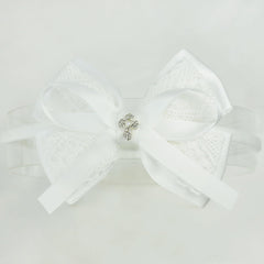 Nihao Baby off-white lace bow big baptism headband for baby girls, elegant ceremony accessory