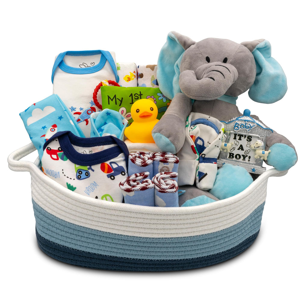 Nikki's Gift Baskets Bundle of Joy Deluxe basket front view, ideal presentation for baby showers.