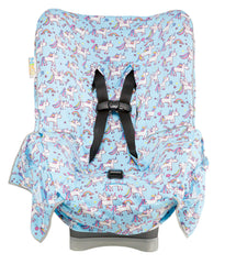 Niko Easy-Wash blue unicorn fabric protects seats from spills during travel