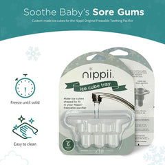 Nippii original teether pacifier fit close-up showing custom 6-cube design.