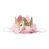 Nishine gold glitter crown headband closeup with sparkling crown for photos