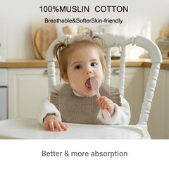 NISXABEBE bib close-up highlights breathable 5-layer muslin for sensitive skin.