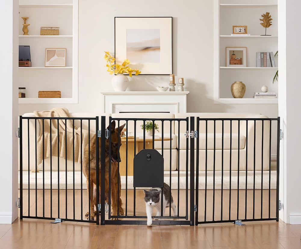 No Pawblems dog gate front view shows sturdy freestanding barrier for stairs and doorways.