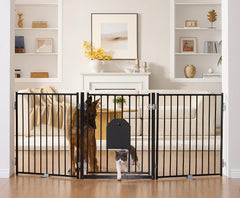 No Pawblems dog gate front view shows sturdy freestanding barrier for stairs and doorways.