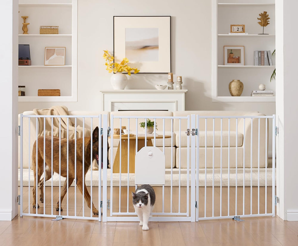 No Pawlems free-standing dog gate with cat door blocks stairs for safe pet access.