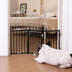 No Pawblems free-standing dog gate, closed view shows sturdy metal frame for small dogs