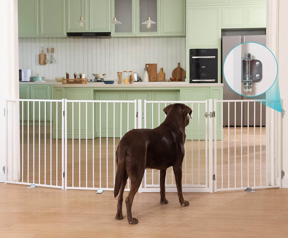No Pawblems Free Standing Dog Gate with Door—fully assembled for spacious indoor use.