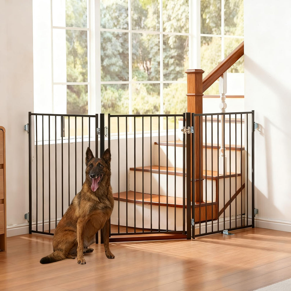 No Pawblems free-standing gate front view shows tall, sturdy barrier for living spaces.